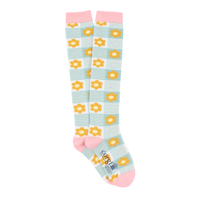 A pair of kids' knee-high socks with a floral pattern in pink and aqua green colours.