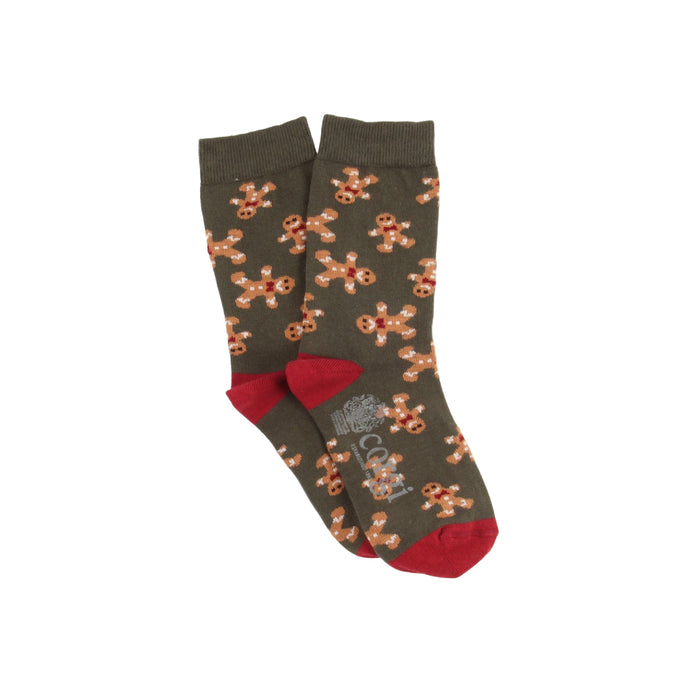 Pair of socks with gingerbread man pattern on a white background