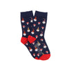 Navy blue socks with gnome and mushroom pattern and red toes and cuffs on a white background