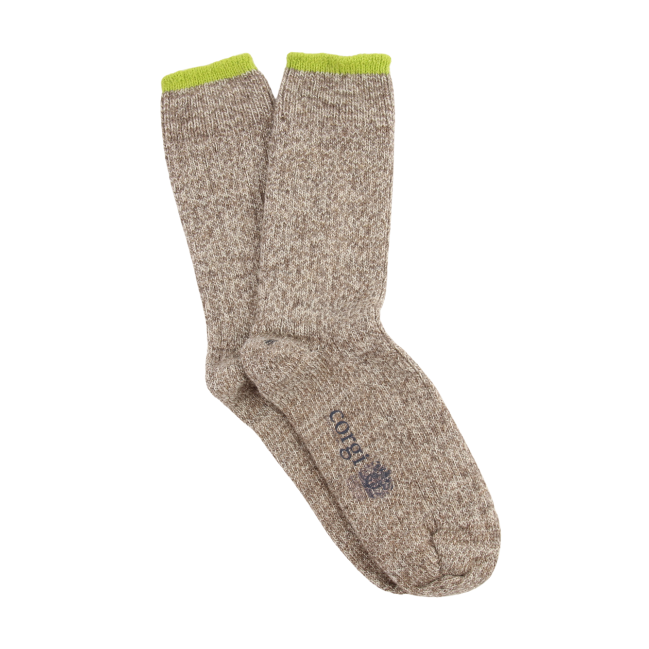 A pair of heathered brown wool socks with bright lime green ribbed cuffs and a small navy embroidered logo on the toe, shown against a plain white background.