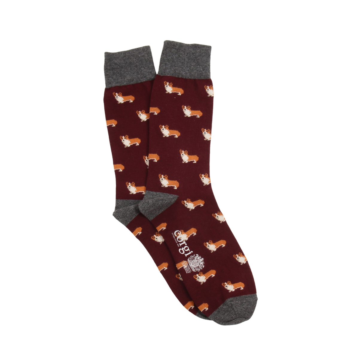 A pair of crew socks with a dark maroon background patterned with small corgi dogs, featuring solid gray cuffs, heels, and toes. The word 'COTLEY' is printed in white near the foot.