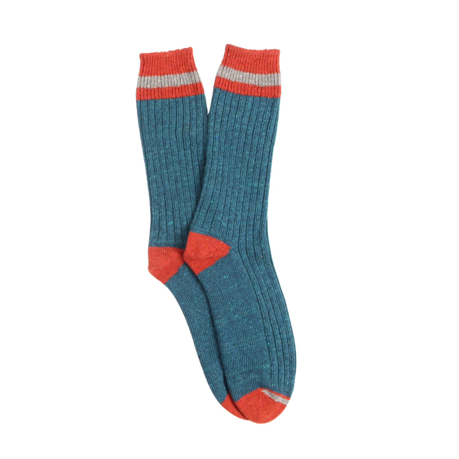 A pair of ribbed crew socks in heathered teal blue, featuring bright coral-red heels, toes, and cuffs, with thin light gray stripes near the top.