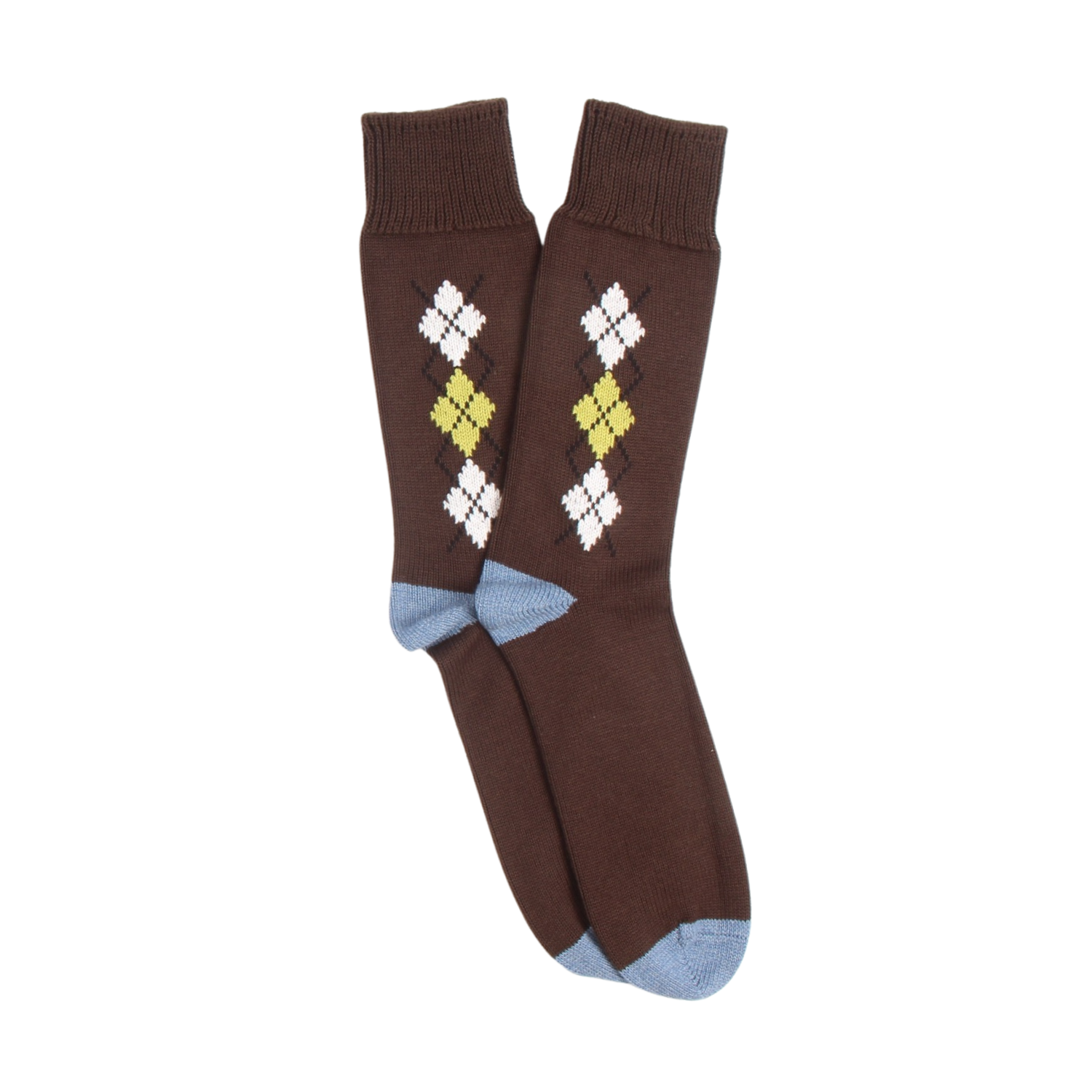 Pair of brown socks with argyle pattern on a white background