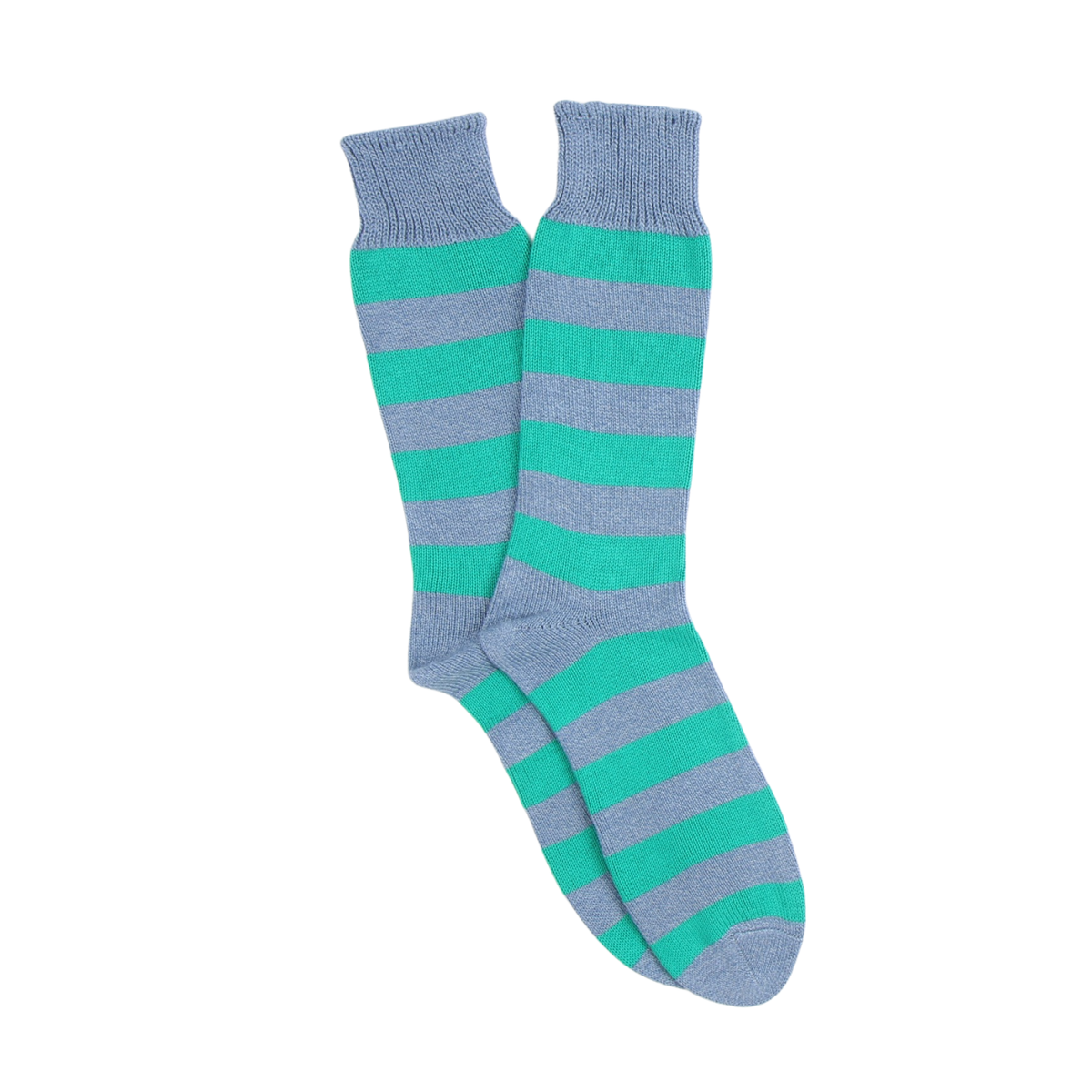 Pair of striped socks with green and blue horizontal stripes on a white background