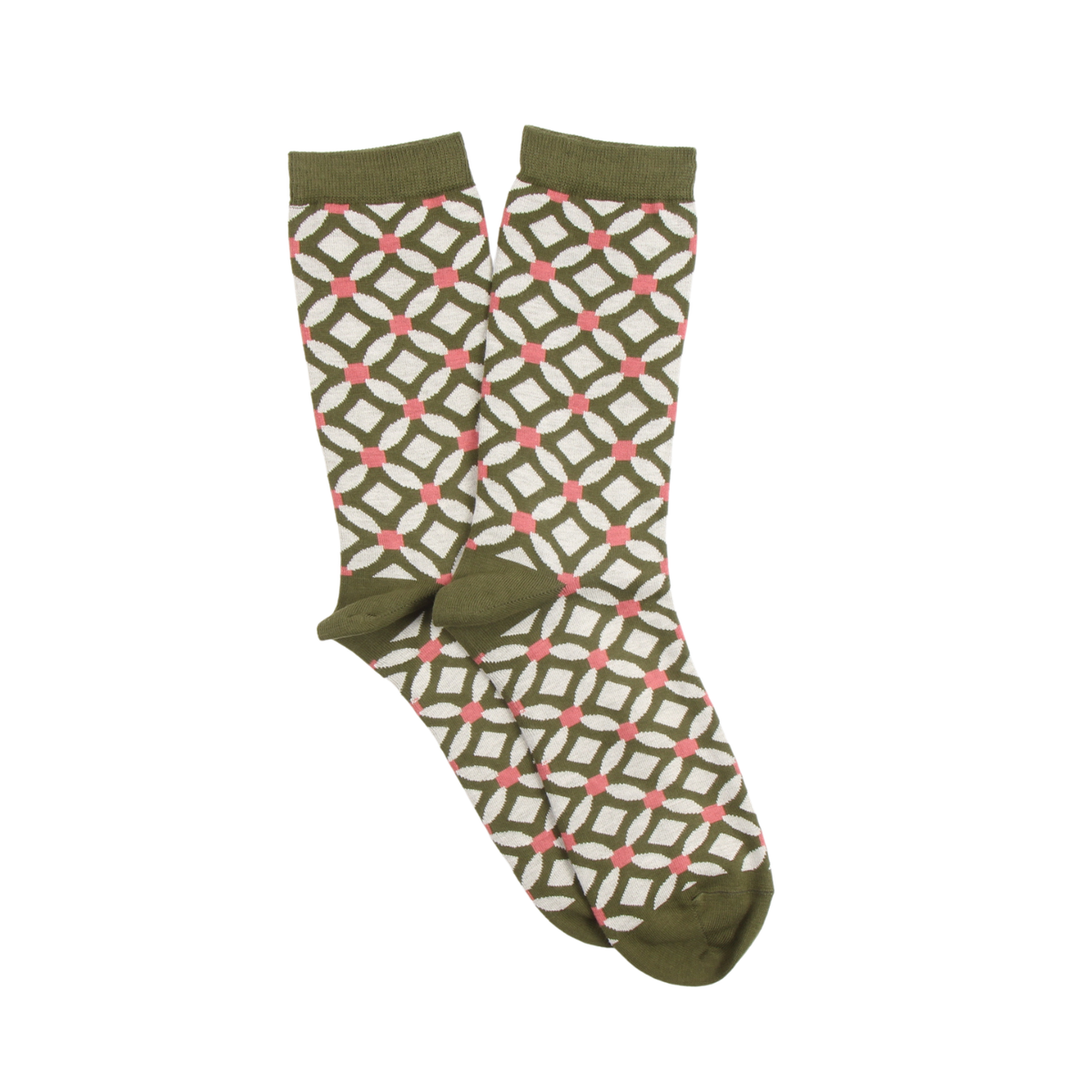 Green and white patterned socks on a white background