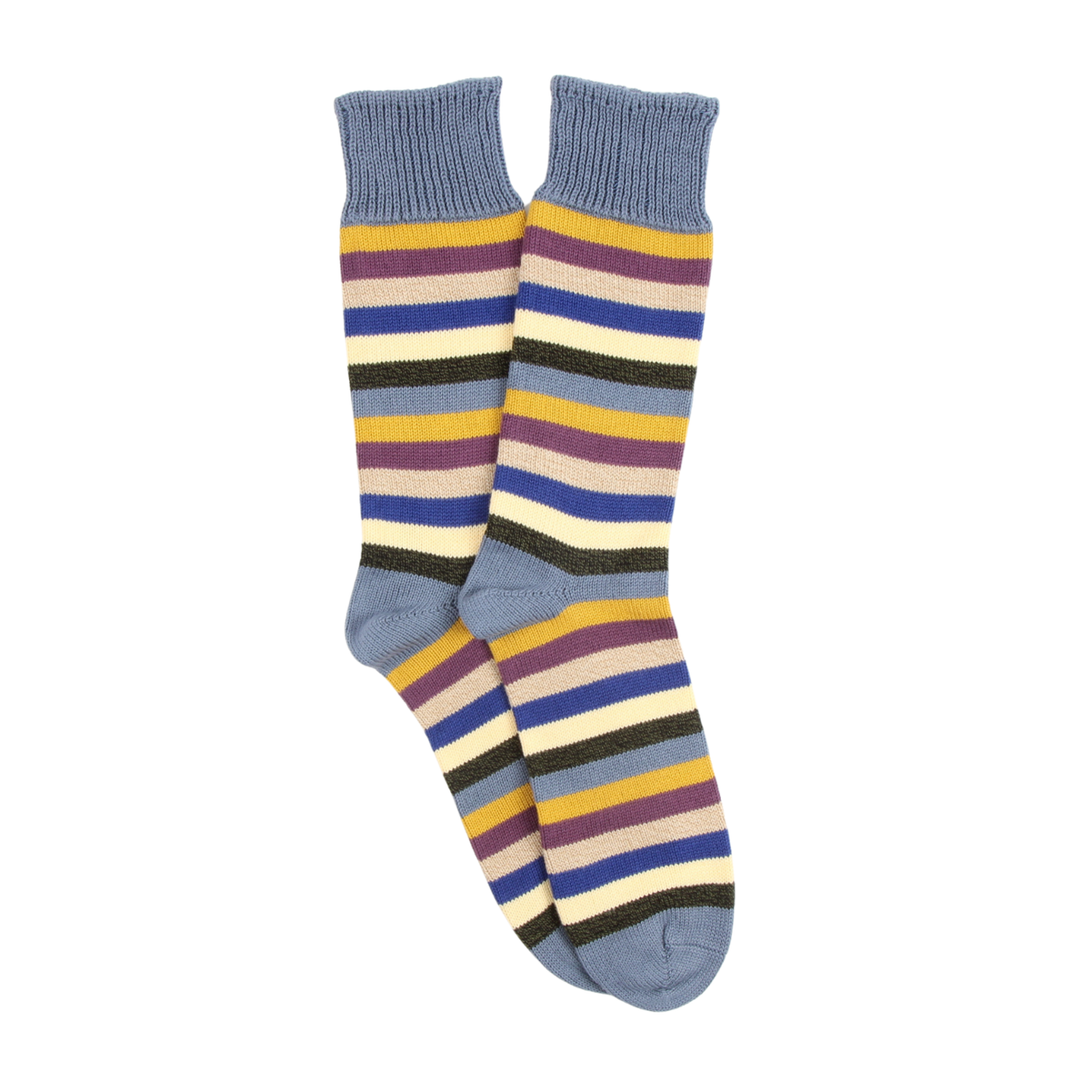 Pair of striped socks with blue, yellow, purple, and beige colors on a white background