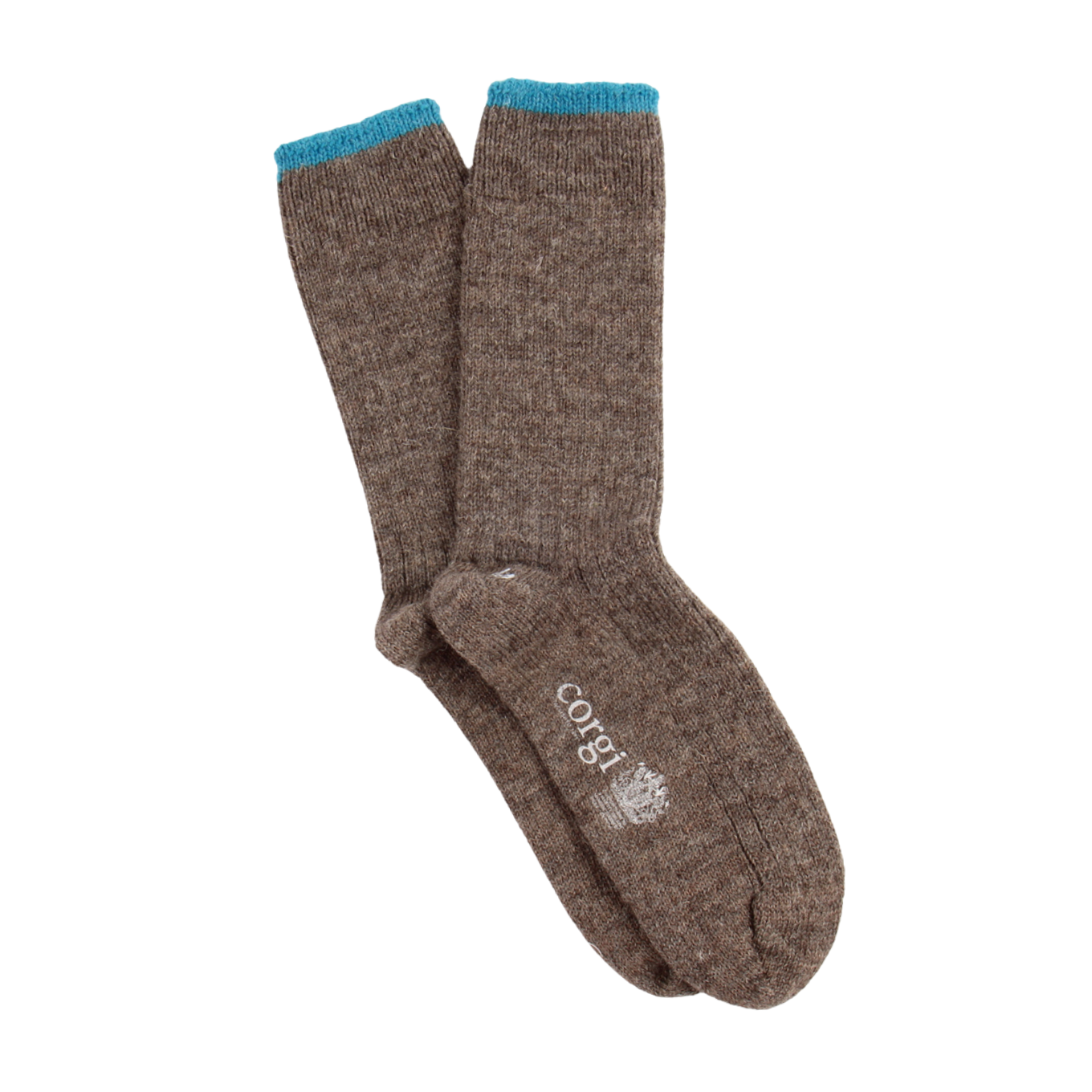 A pair of brown knit socks with bright blue ribbed cuffs and white stamped 'corgi' branding on the toes, shown against a plain white background.