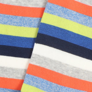 Close-up of striped fabric with orange, blue, lime and grey marl colors.