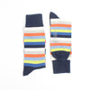 Pair of striped socks with a visible brand logo on a white background