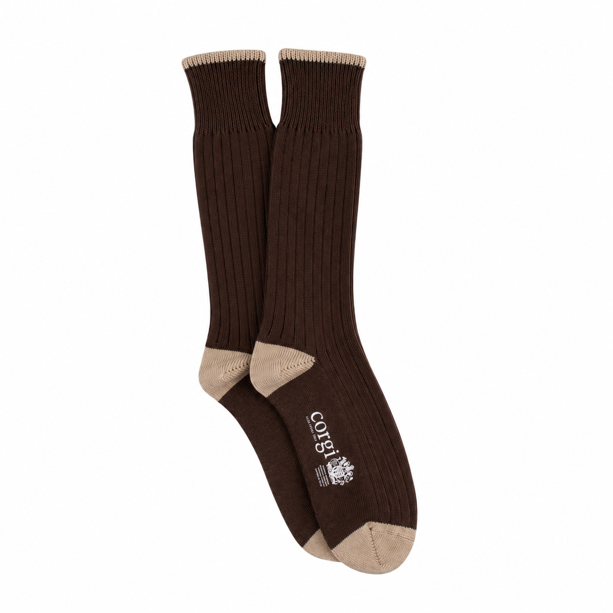 Pair of brown socks with beige accents on a white background
