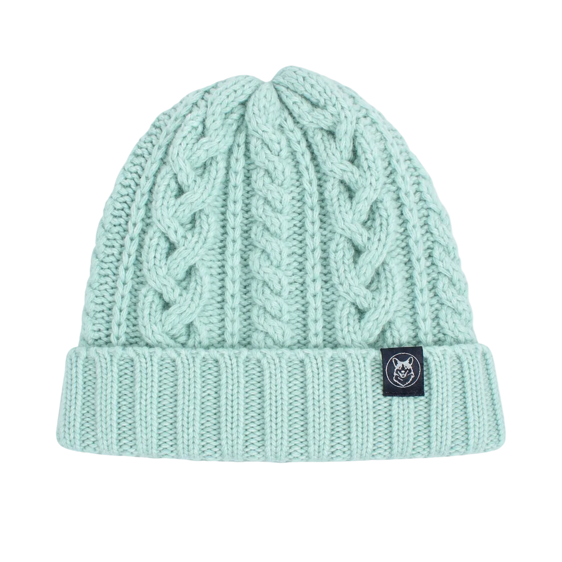 A mint green cable-knit beanie with a folded cuff and a small black brand patch on the side, shown against a light gray background.
