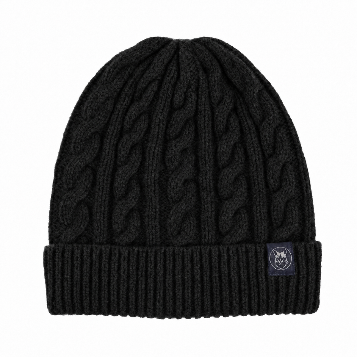 A black cable-knit beanie with a ribbed cuff and a small dark brand patch on the side, shown against a plain white background.
