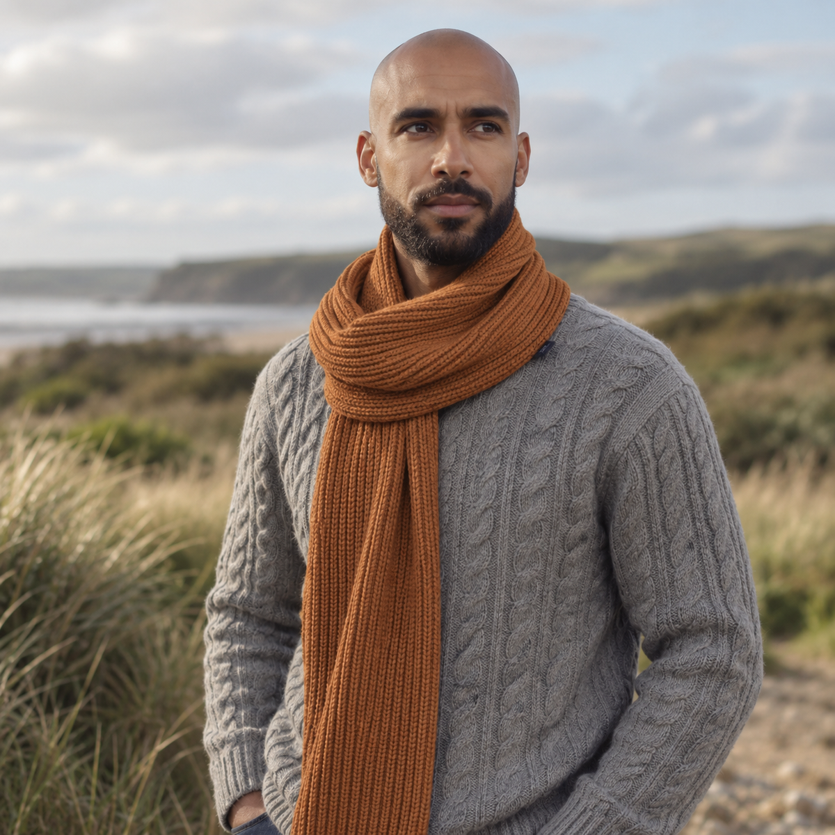 A man wearing a thick gray cable-knit sweater and a rust-orange ribbed knit scarf, standing outdoors in a grassy coastal landscape.