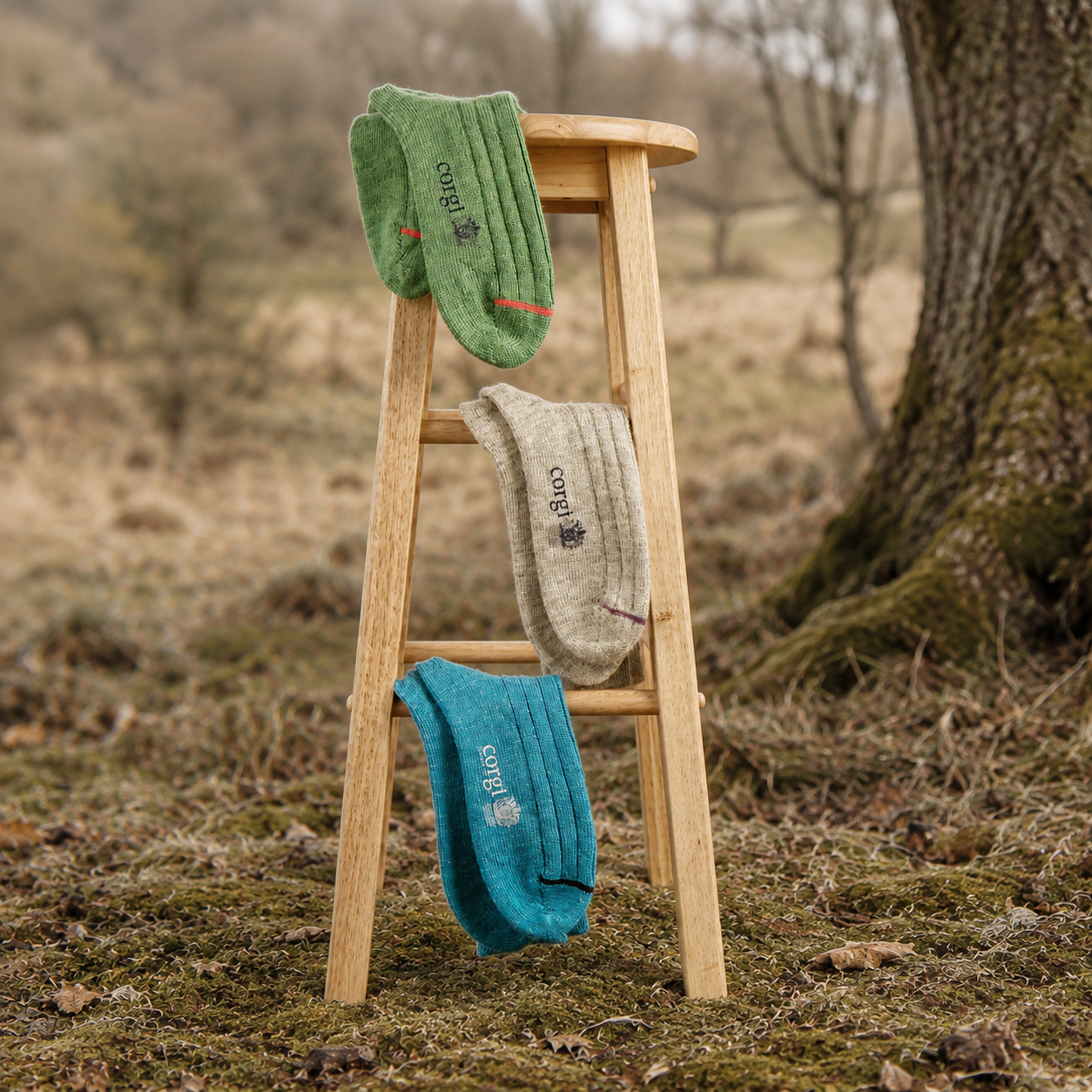 Three pairs of knit socks in green, beige, and teal are draped over a wooden stool in an outdoor woodland setting with moss, tree bark, and dry grass visible.