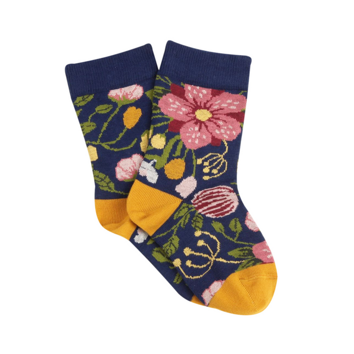 Pair of floral-patterned socks with navy blue, pink, yellow, and green colors on a white background.