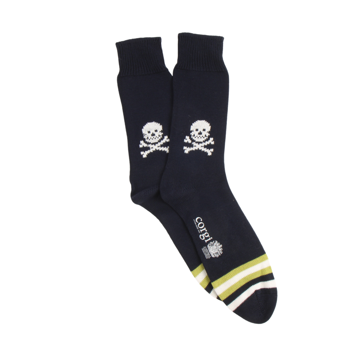A pair of dark navy crew socks with white skull and crossbones graphics on the upper calf and a yellow and white striped toe, featuring the brand name 'corgi' printed vertically near the ankle.
