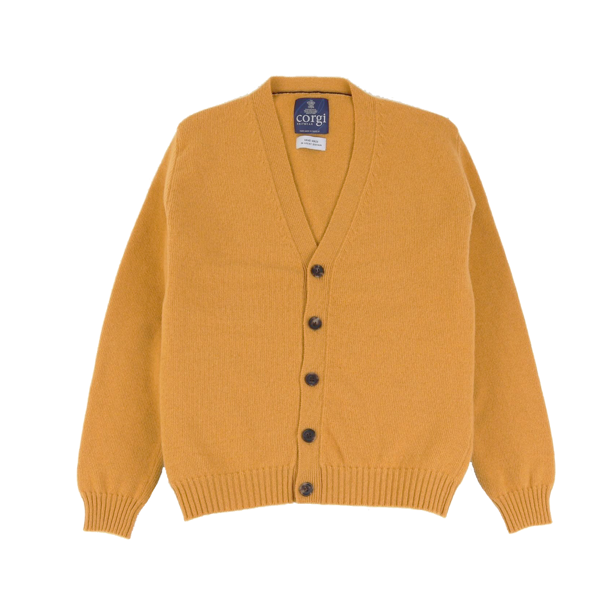 A mustard yellow knit cardigan sweater with a V-neck, front button closure, and ribbed cuffs and hem, shown on a plain white background.