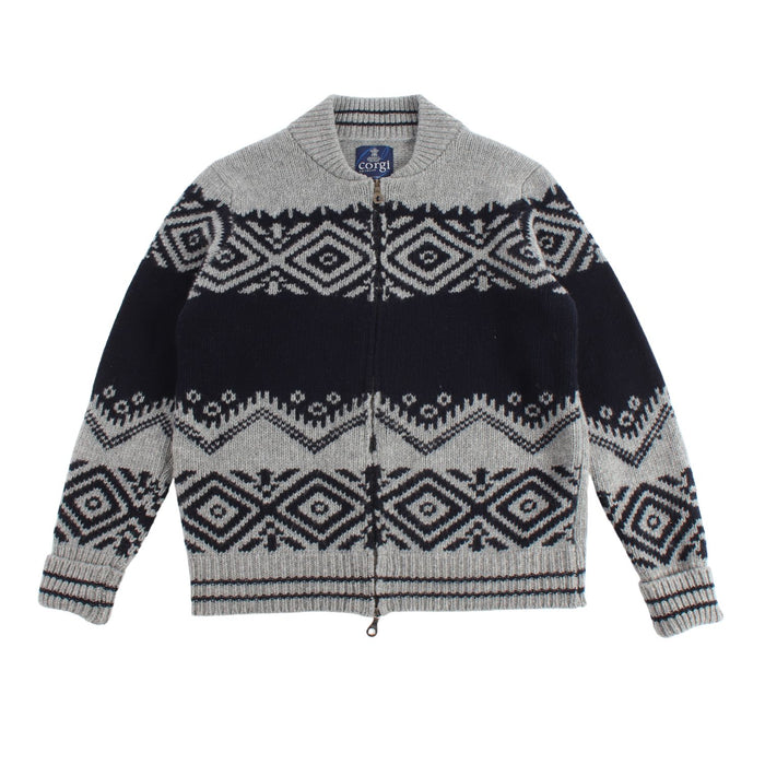 Knitted bomber jacket with a pattern on a white background

