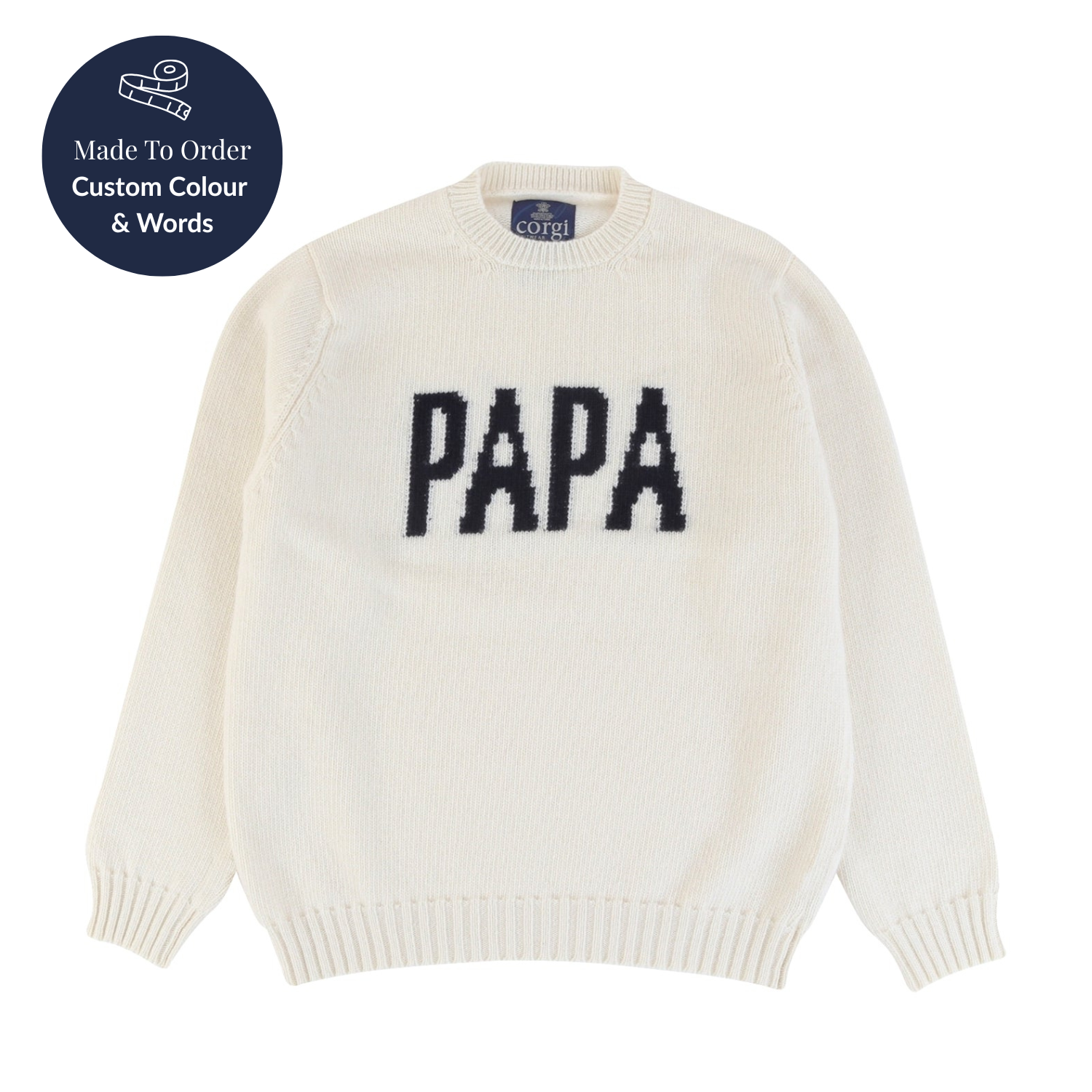 White sweater with 'PAPA' text on a white background