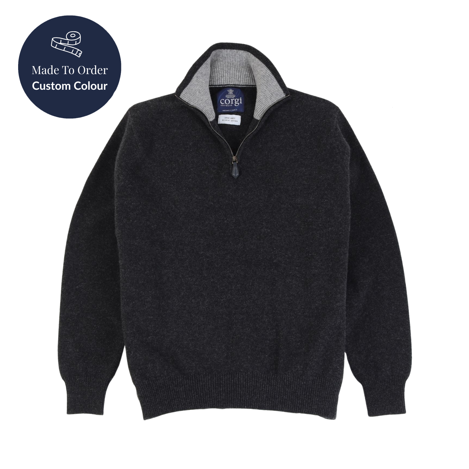 navy half zip sweater with a visible brand label on a white background