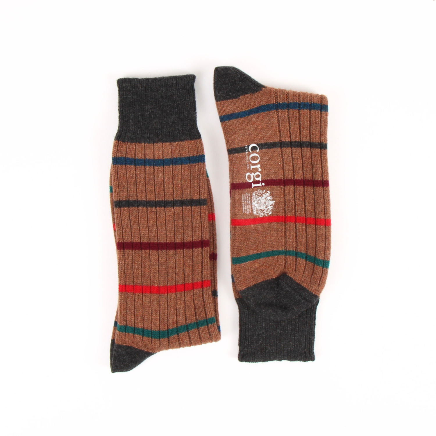 Pair of striped socks with 'corgi' branding on a white background