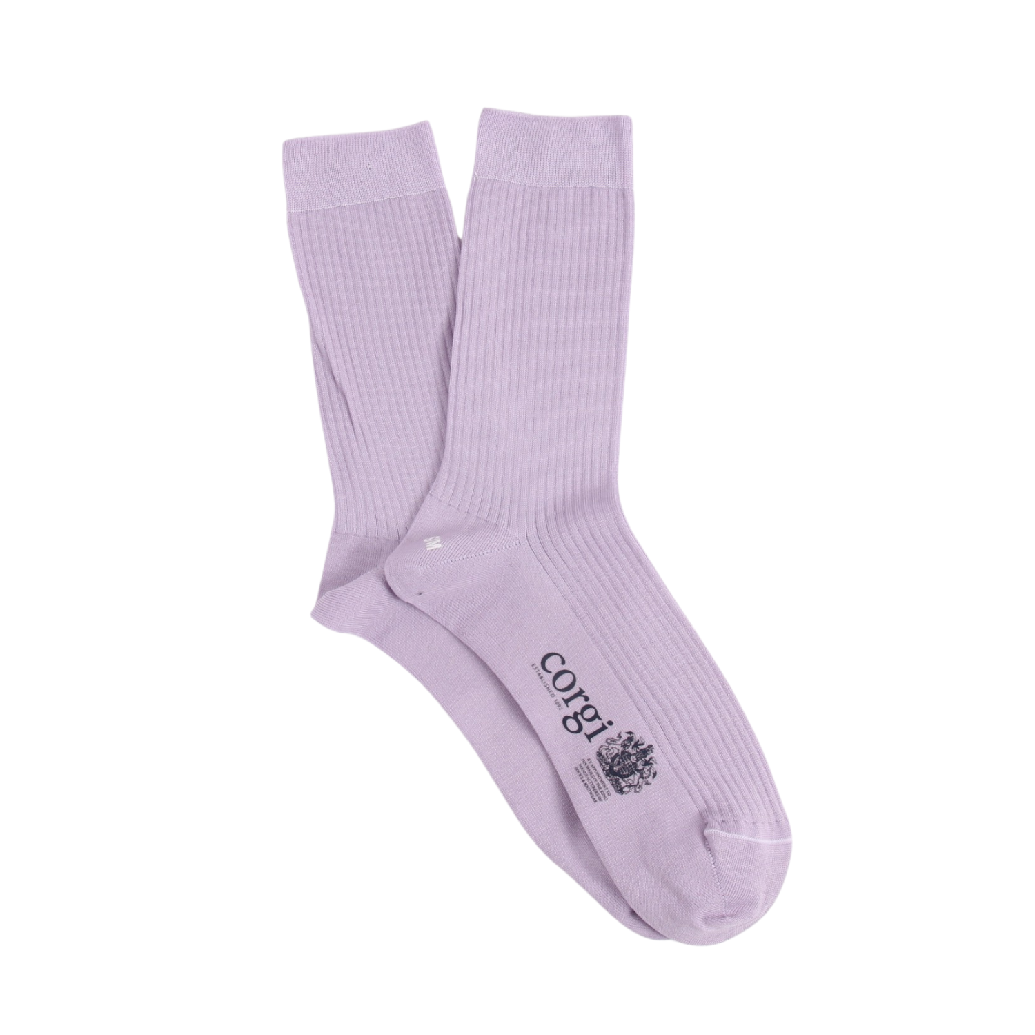 Pair of light purple socks with a brand logo on a white background