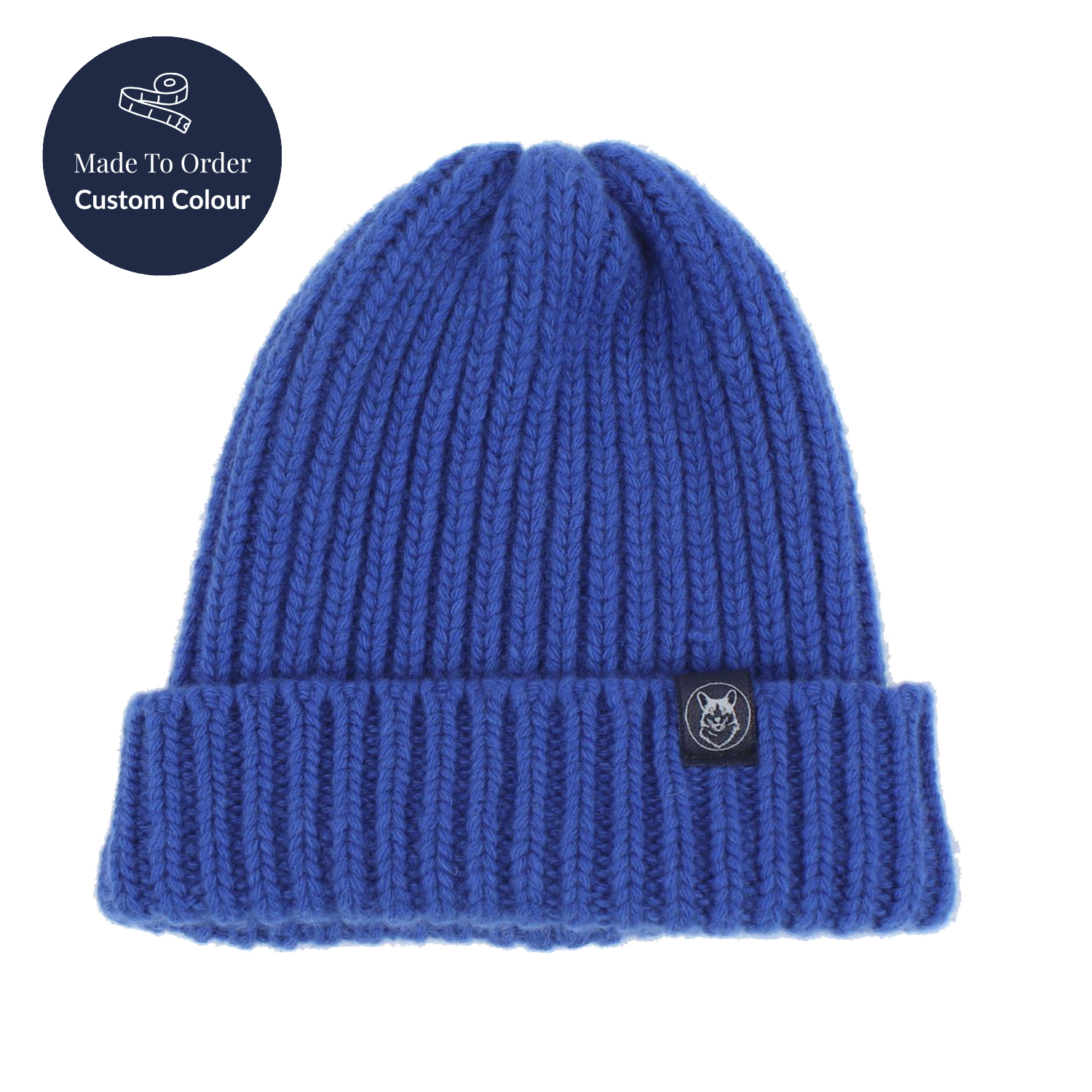 Blue knit beanie with a brand logo on a white background