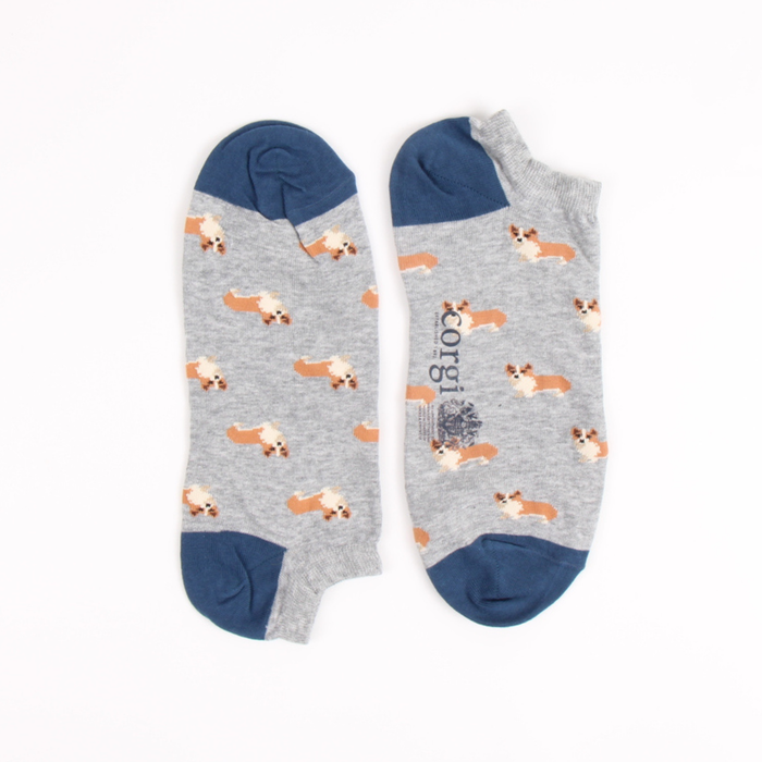 Pair of socks with corgi pattern on a white background