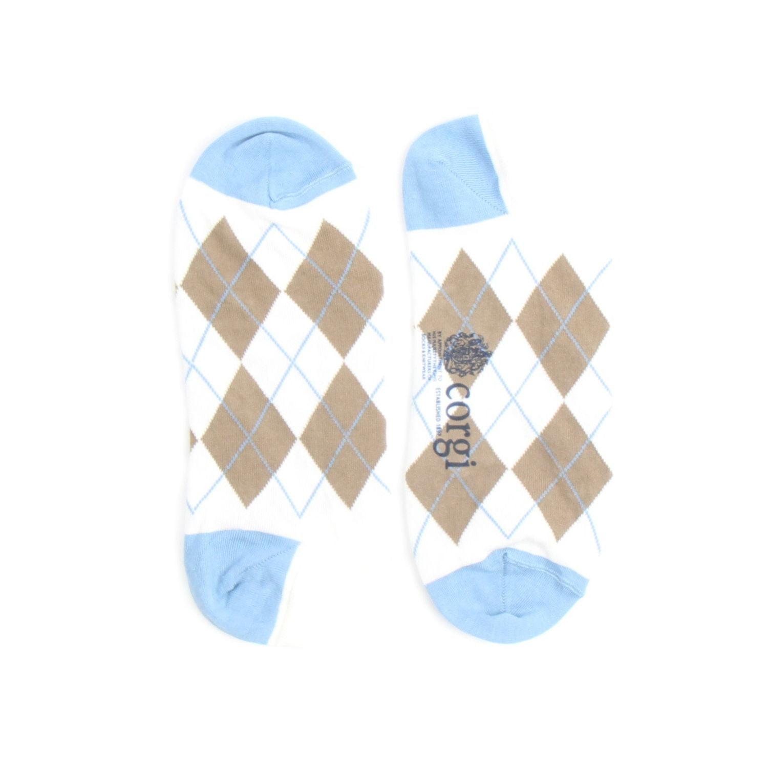Pair of socks with argyle pattern and blue accents on a white background