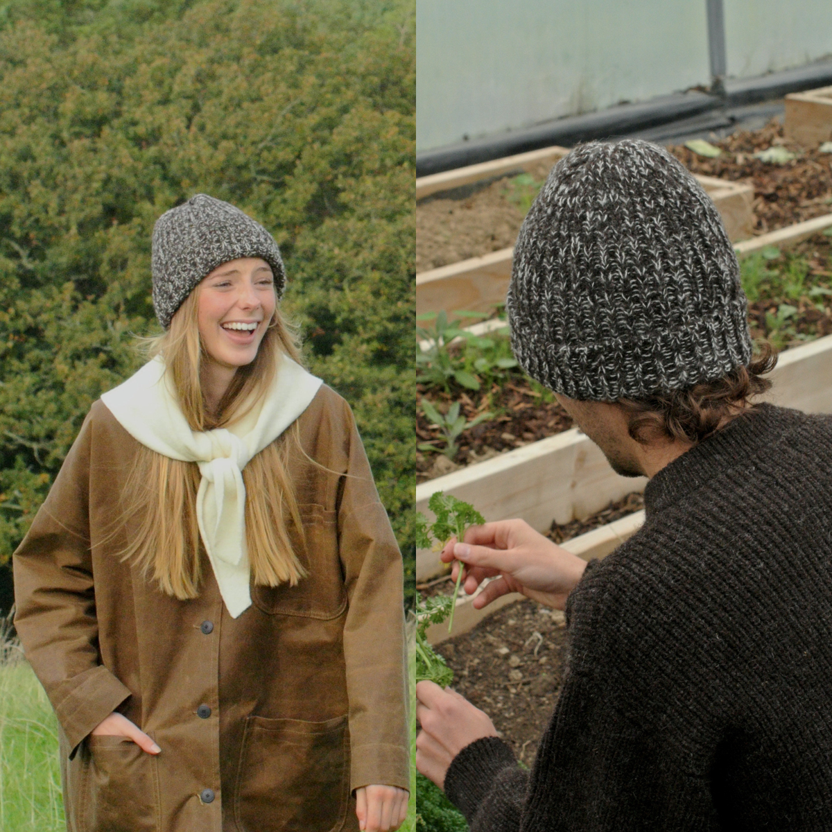 A split-screen lifestyle image showing two people wearing knit beanie hats. On the left, a woman outdoors in a brown coat and cream scarf wears a gray and white marled knit beanie.