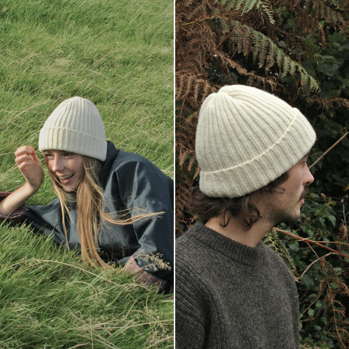 A split-screen lifestyle image showing a cream ribbed knit beanie worn by two models outdoors. On the left, a woman lies in a green grassy field wearing the beanie.
