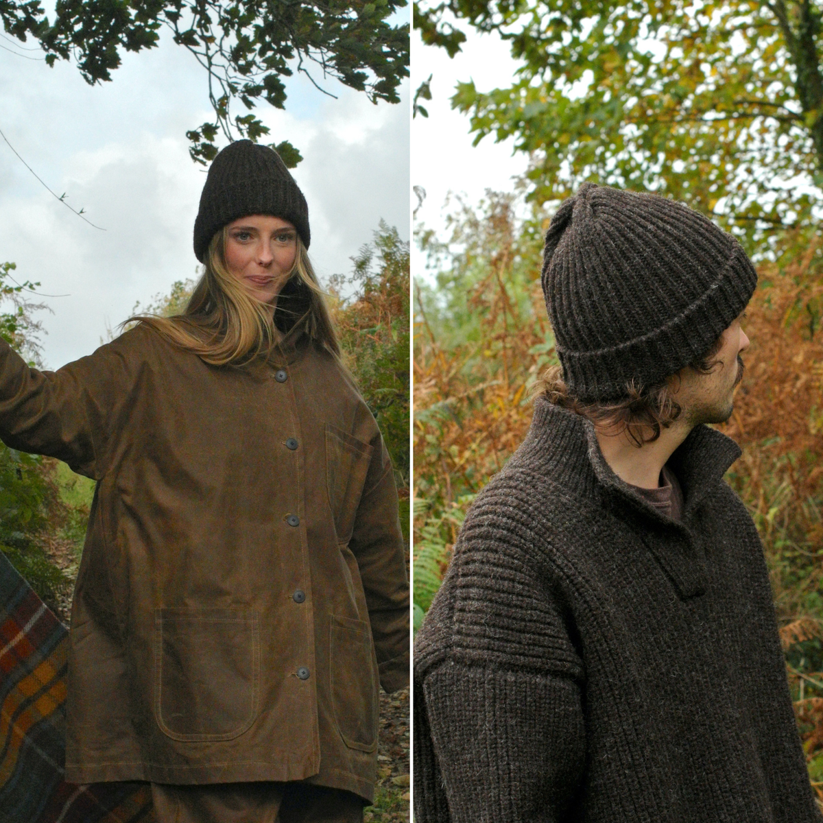 A split-screen lifestyle image showing two models outdoors wearing dark brown knit beanies and heavy brown outerwear. The left model wears a brown corduroy-style jacket with blue buttons, and the right model wears a dark brown ribbed knit sweater and beanie.