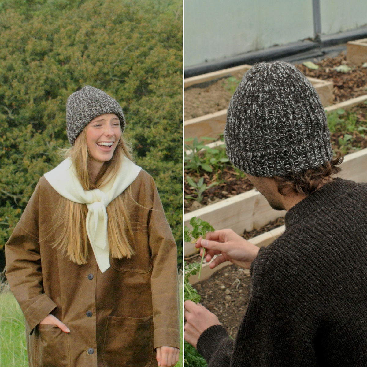 A split-screen lifestyle image showing a woman outdoors on the left and a man gardening on the right, both wearing chunky knit beanie hats. The woman's hat is a heathered gray and cream, and the man's is a dark charcoal gray.