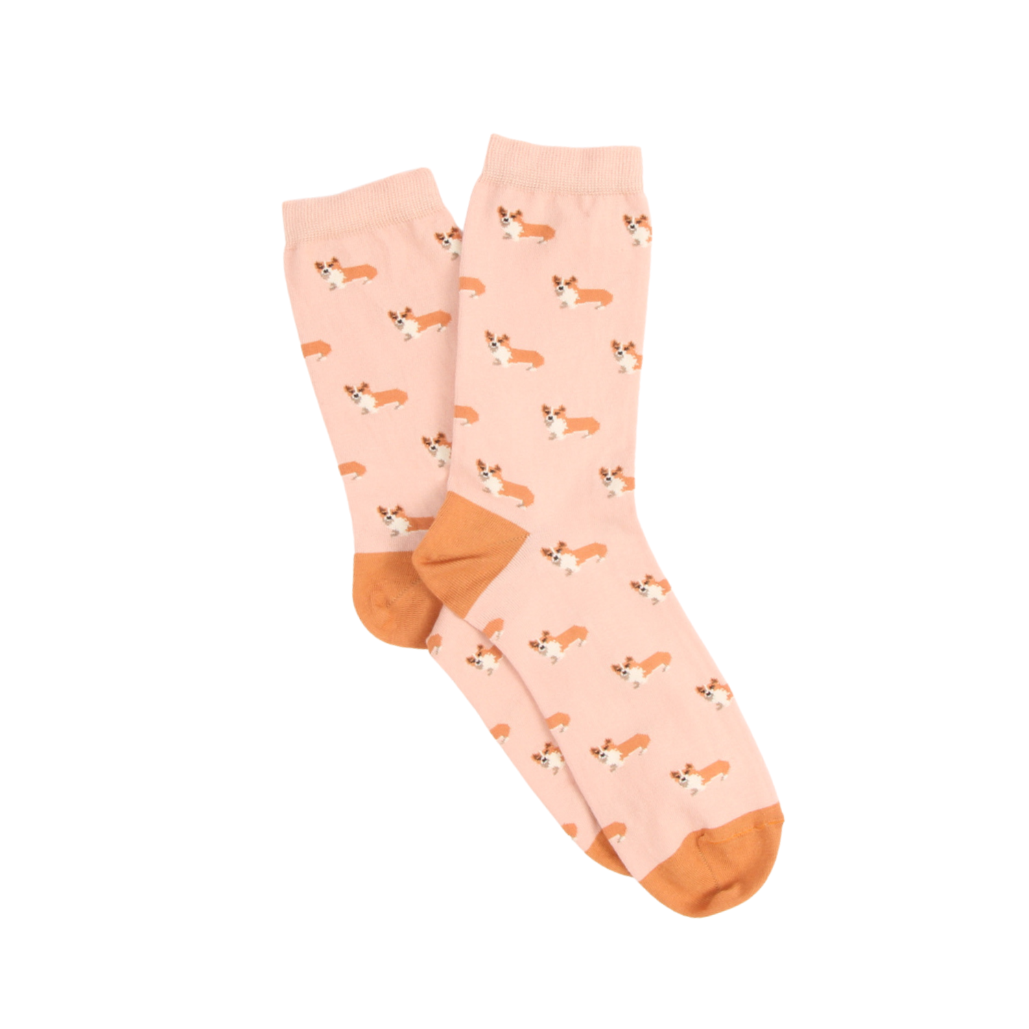 Pair of pink socks with dog pattern on a white background