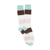 Color-blocked socks with brown, white, pink, and light blue stripes on a white background