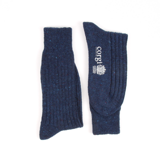 Pair of blue socks with a logo on a white background