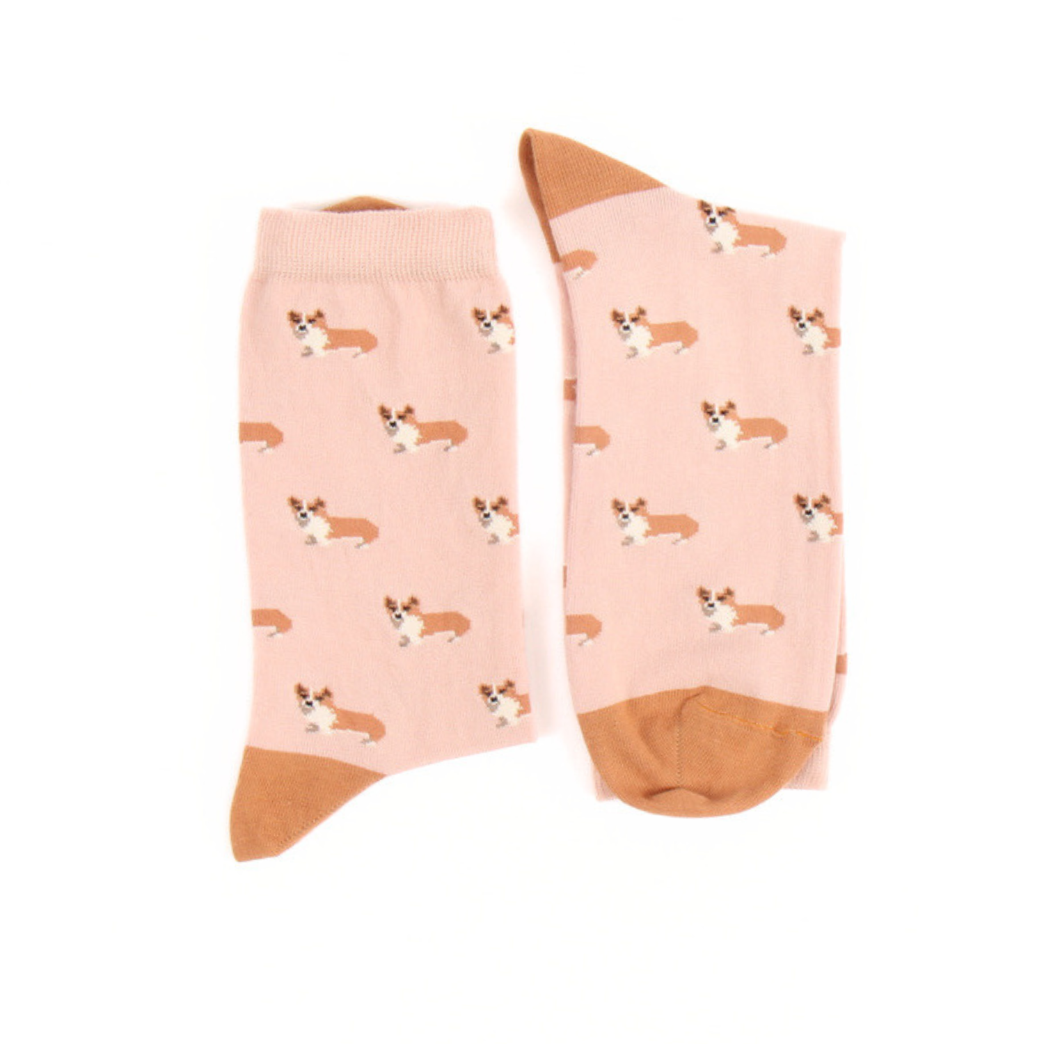 Pair of socks with corgi pattern on a pink background