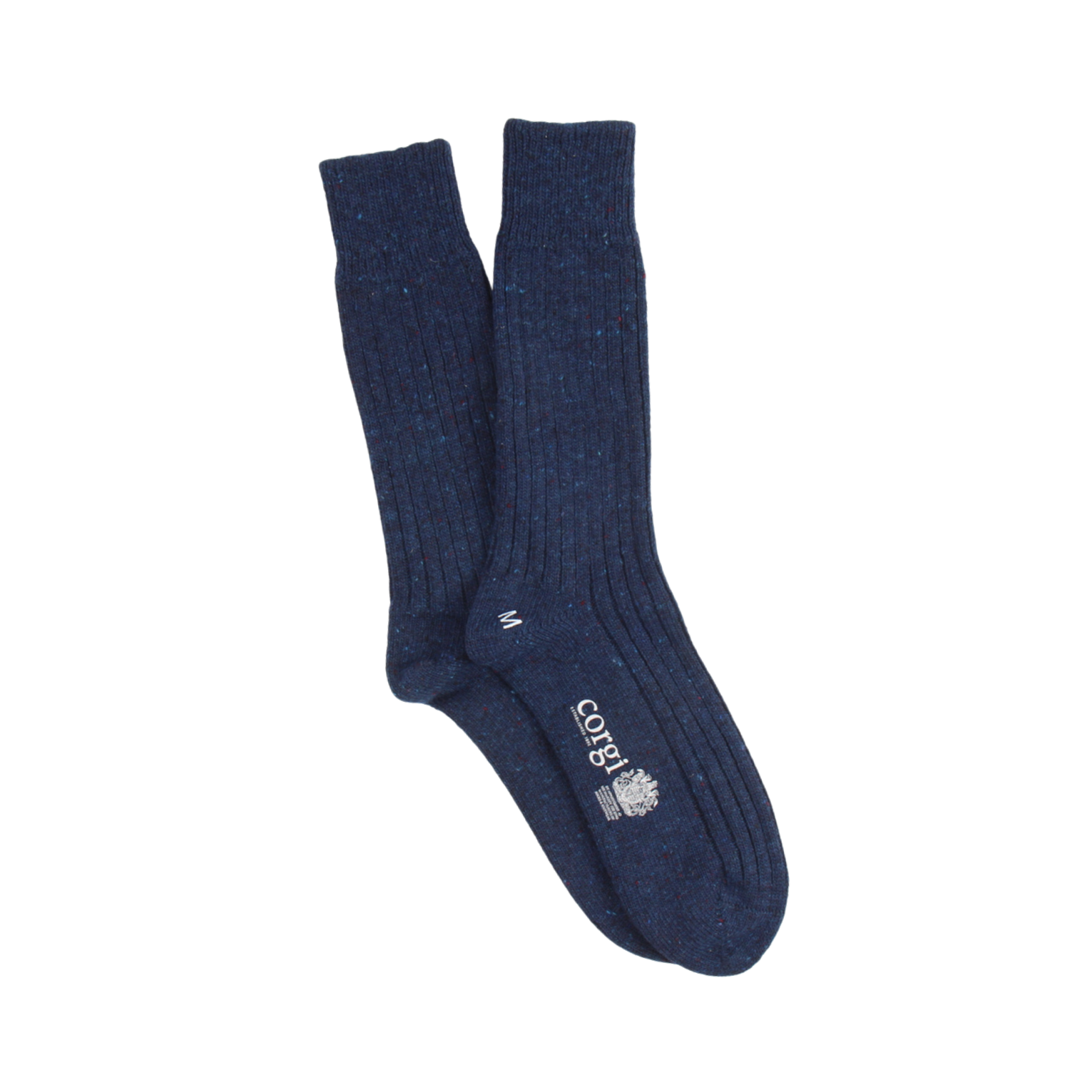 Pair of navy blue socks with a logo on a white background