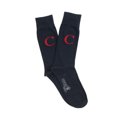 navy socks with a red letter 'C' on a white background