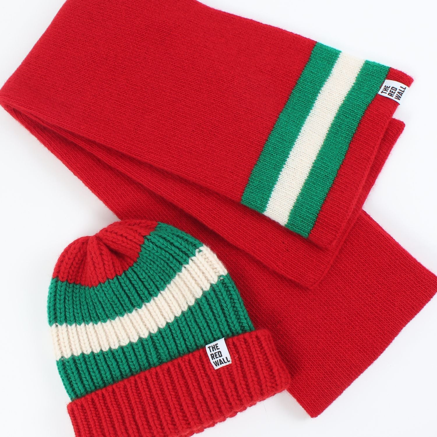Red Wall hat and scarf on a white background.