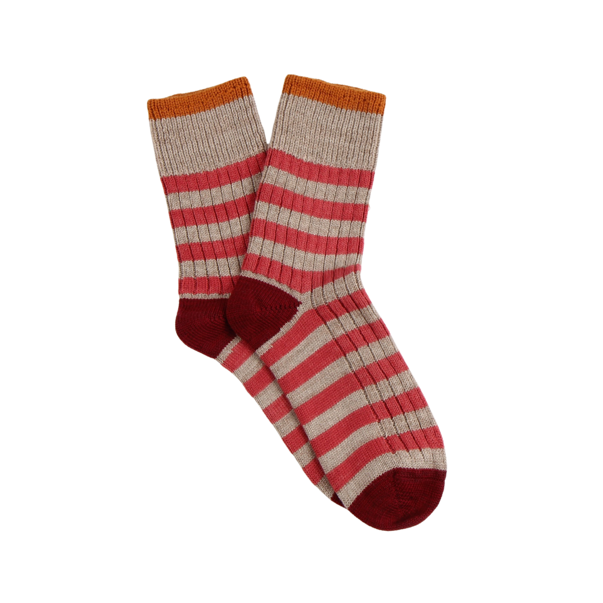 Red and beige striped socks on a white background