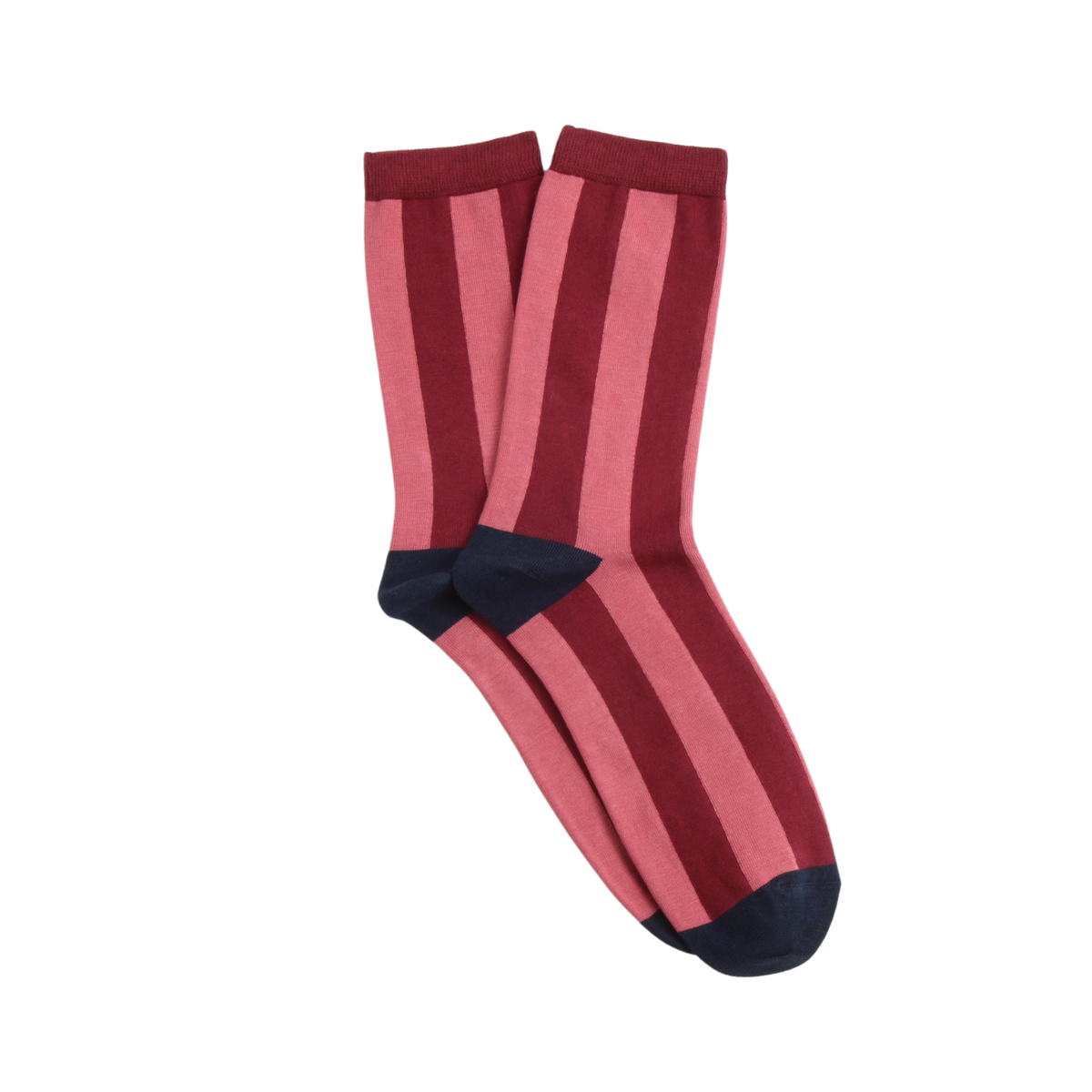 Red and pink striped socks with navy toes on a white background