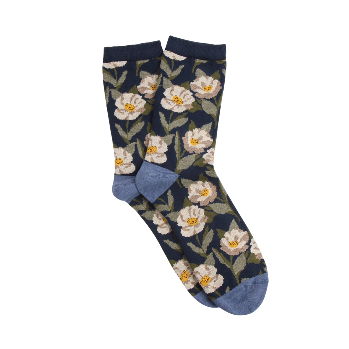 Floral patterned socks with blue accents on a white background