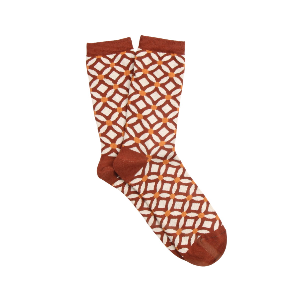 Patterned sock with brown and orange design on a white background