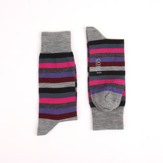 Pair of striped socks with gray cuffs on a white background