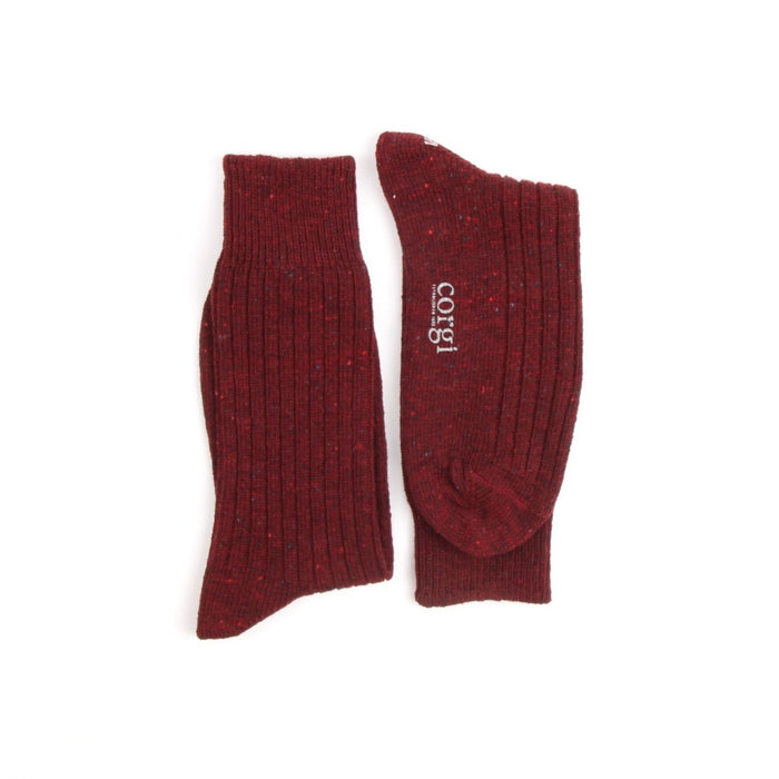 Pair of maroon socks with a brand logo on a white background