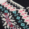Close-up of a knitted fabric with a colourful pattern featuring navy, pink, blue, and white.