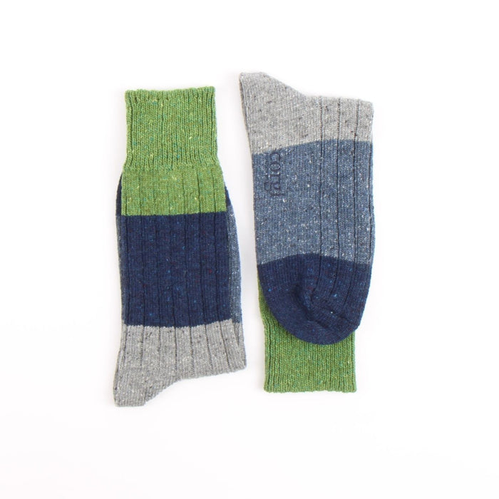 Pair of multicoloured socks on a white background.