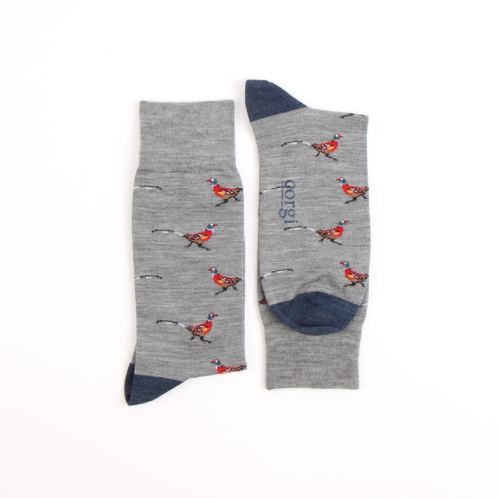 Gray socks with red bird pattern on a white background