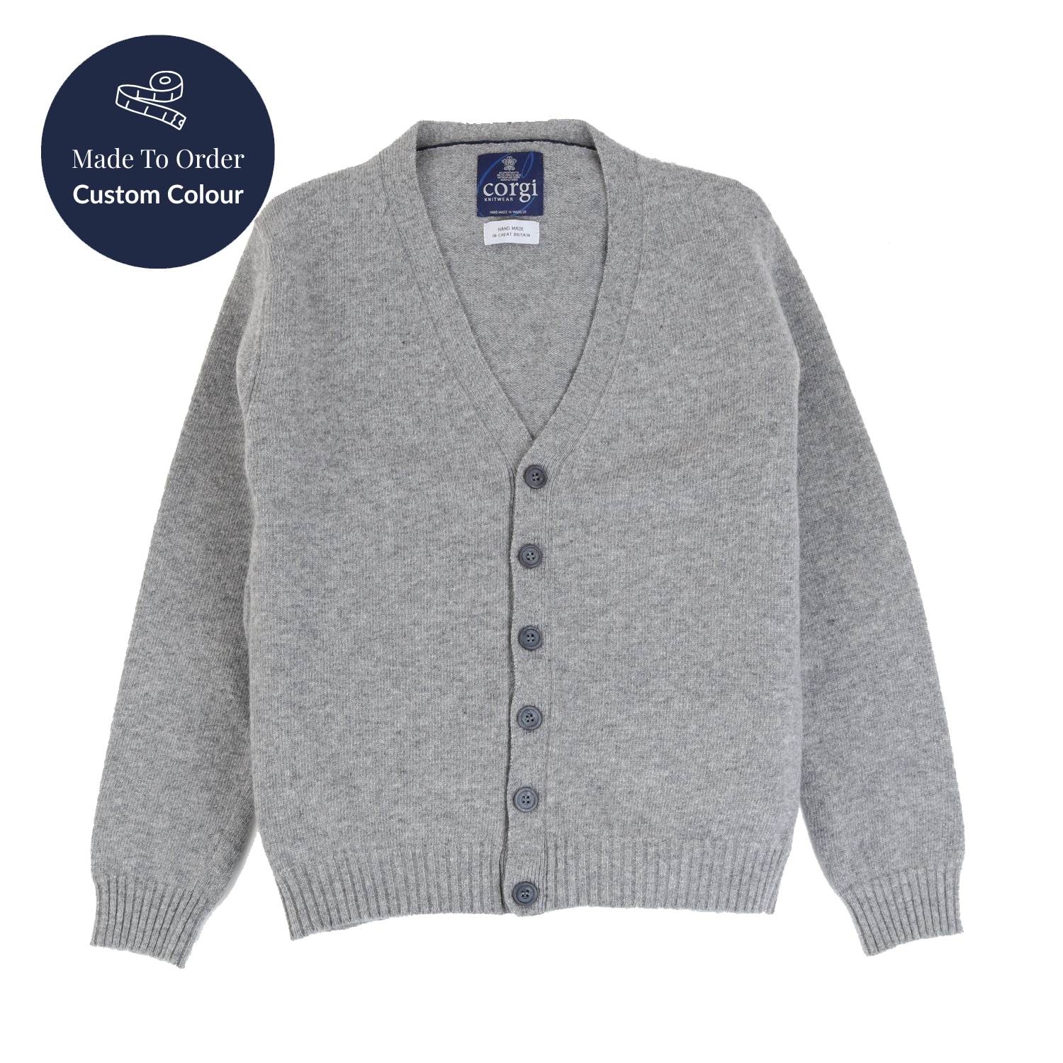 Gray cardigan with buttons on a white background, featuring a Corgi label.